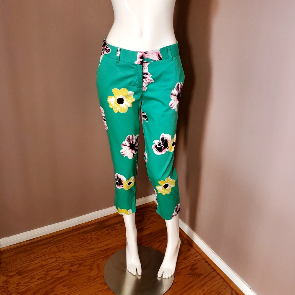 J CREW Factory green floral cotton cropped pants size 6P